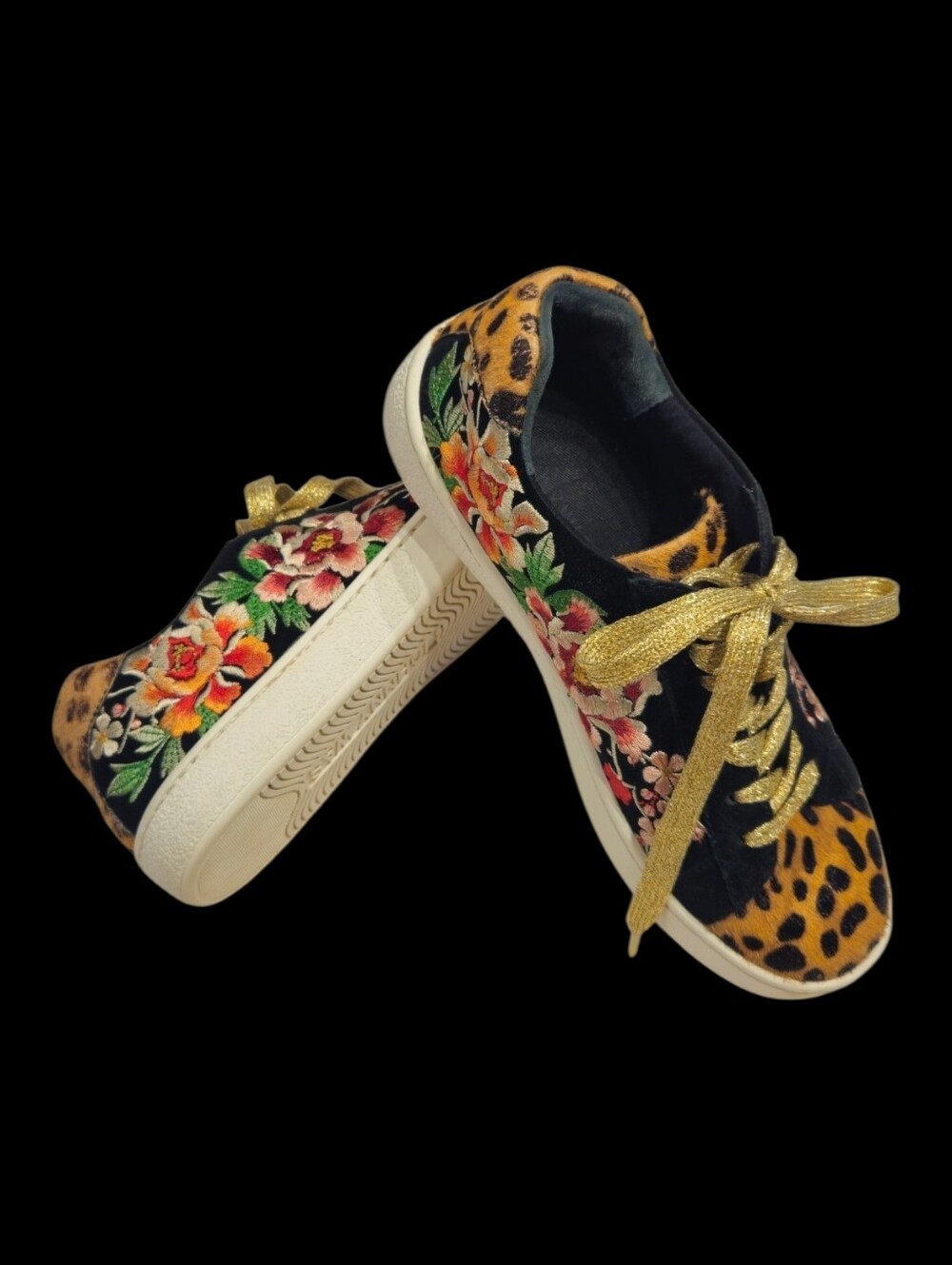 🐆 Johnny Was Acacia Leopard Floral Low Top Sneakers Gold Floral Embroidery